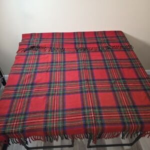 VTG. Witney Red Tartain Plaid Fringe English 100% Wool Blanket 54x32